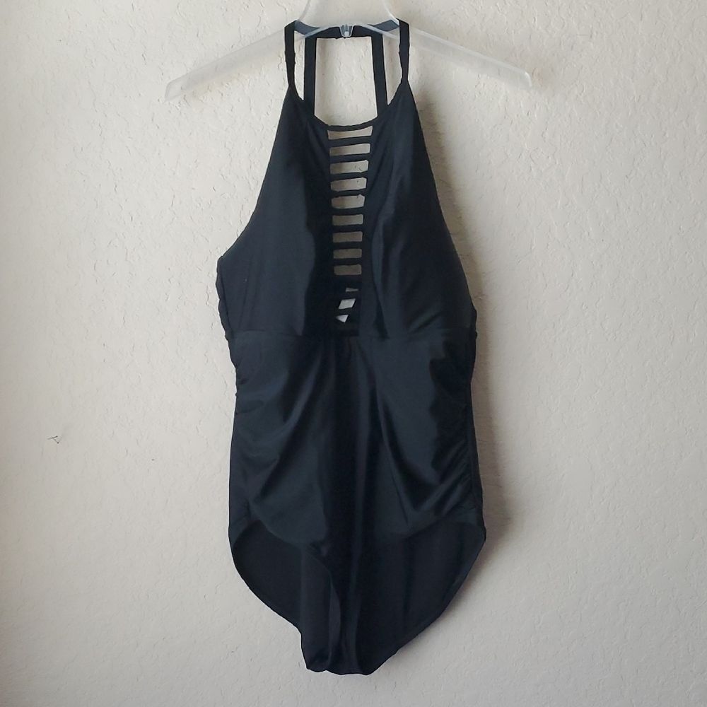Cacique Black Halter One Piece Swimsuit Size 20 - Strappy Peekaboo Swimwear